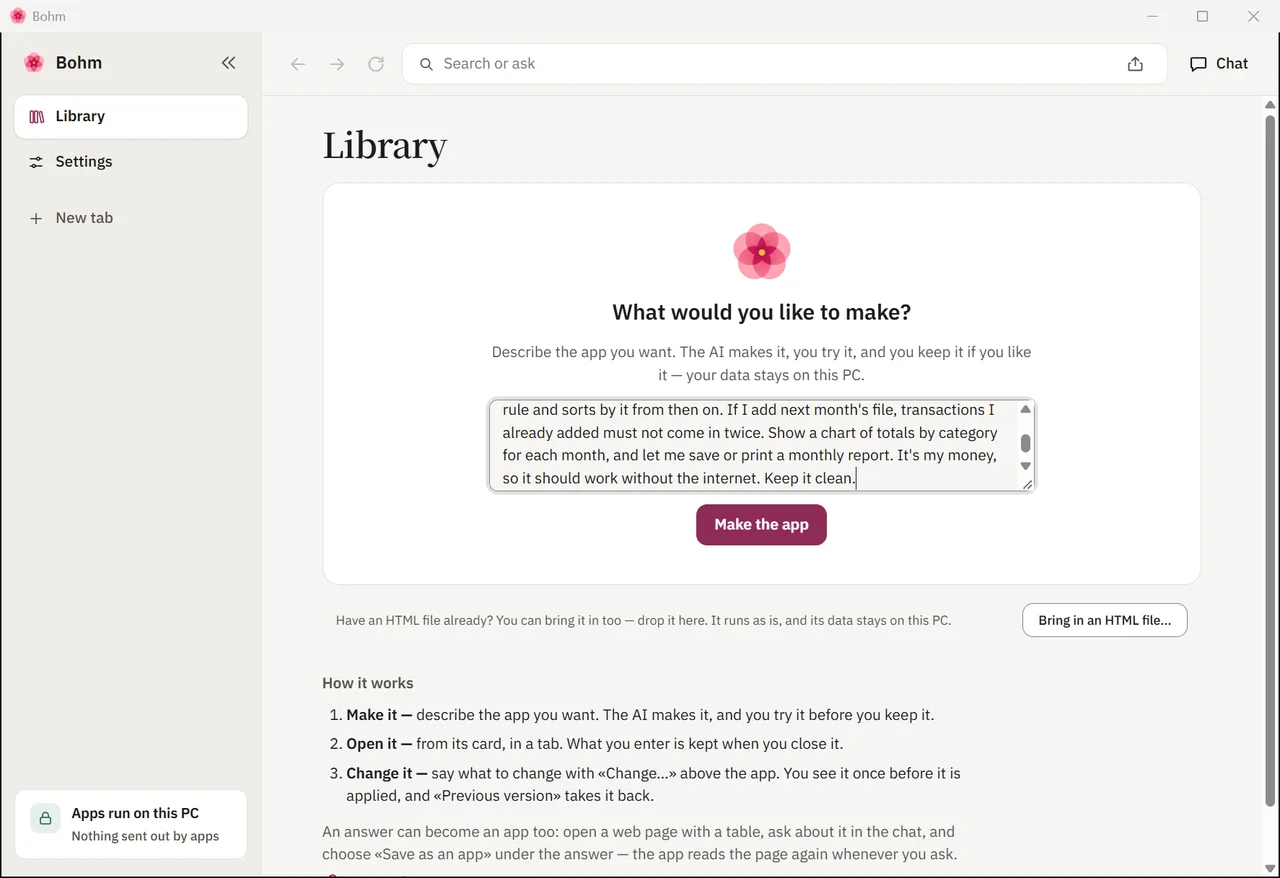 The request for a budget app typed into Bohm