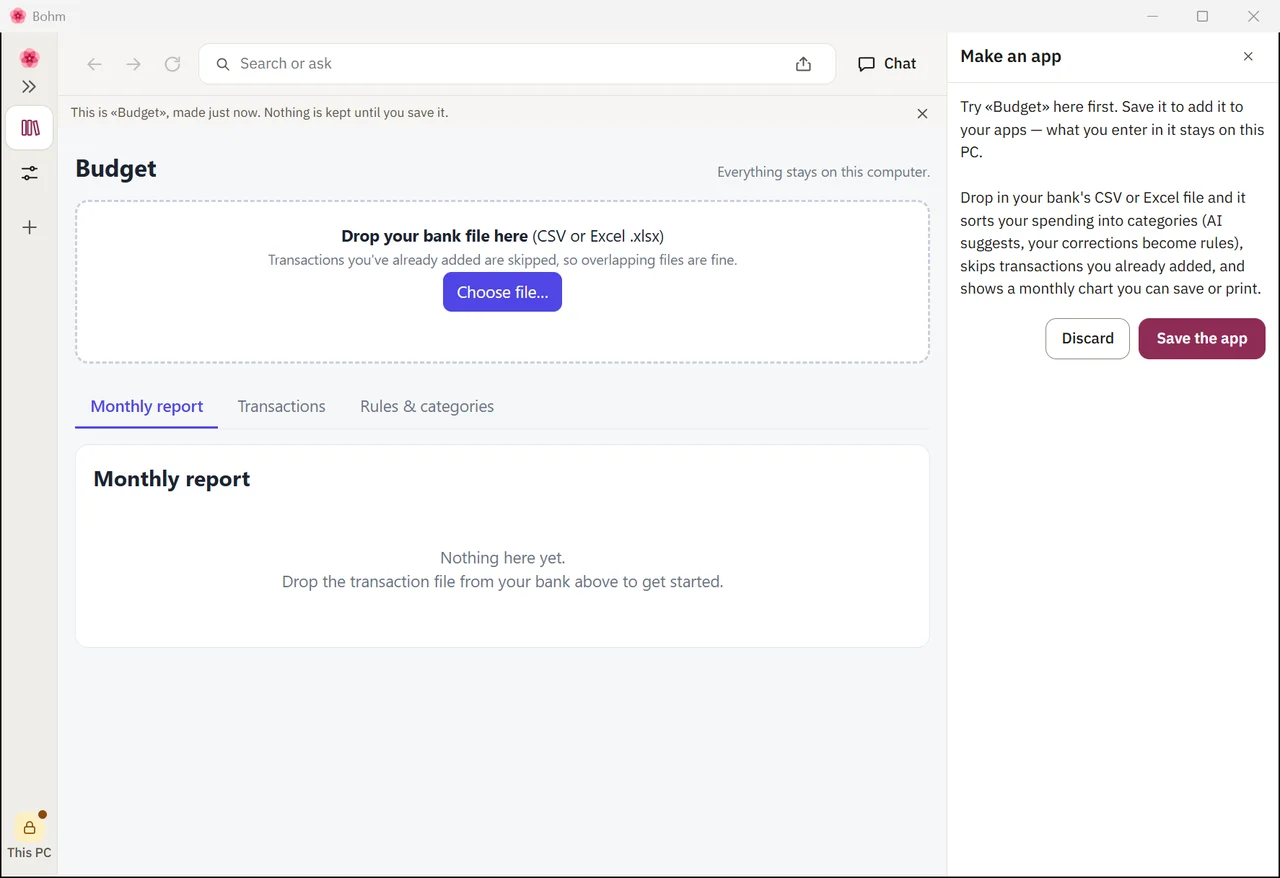 The new budget app open for a try, with Discard and Save the app