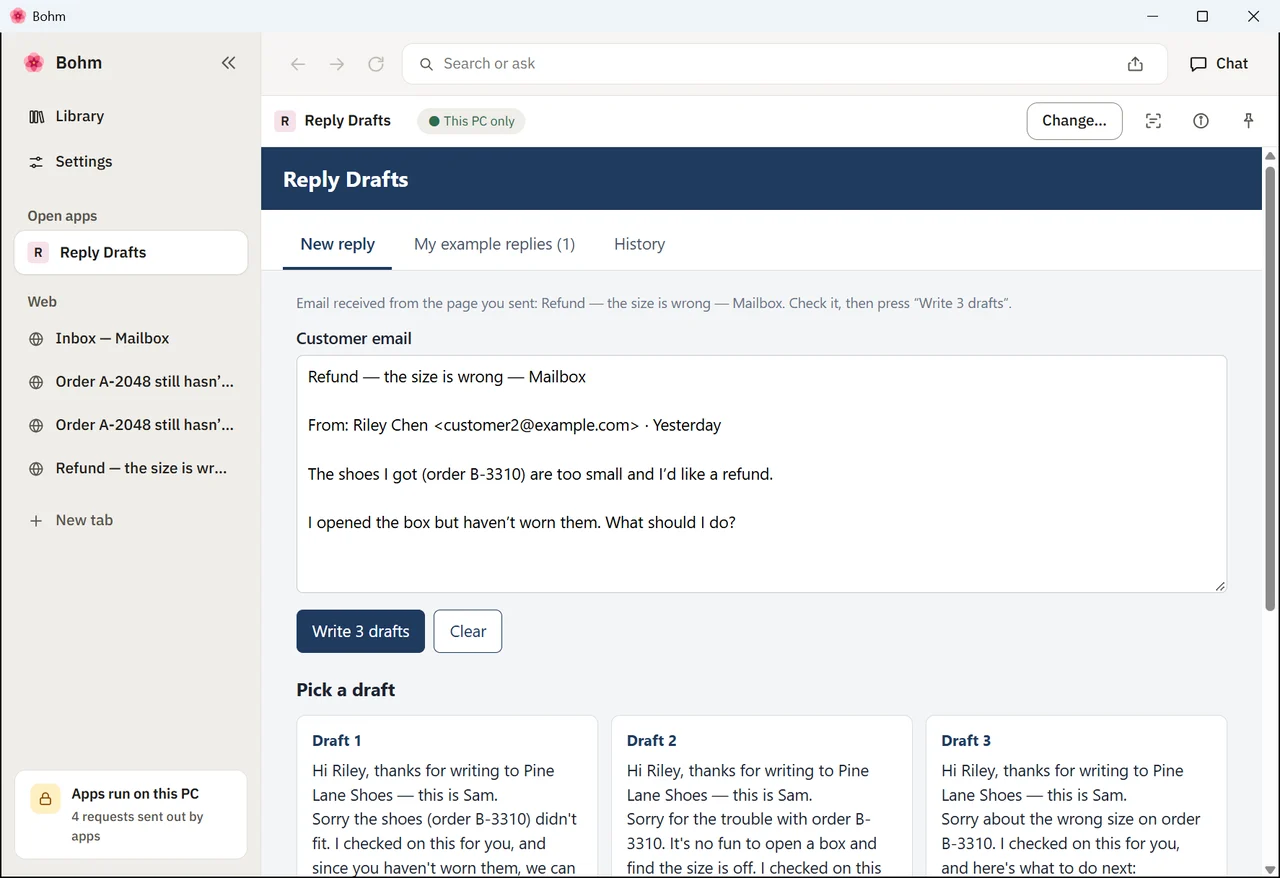 The app with a second customer email and its drafts, the first one kept in the list