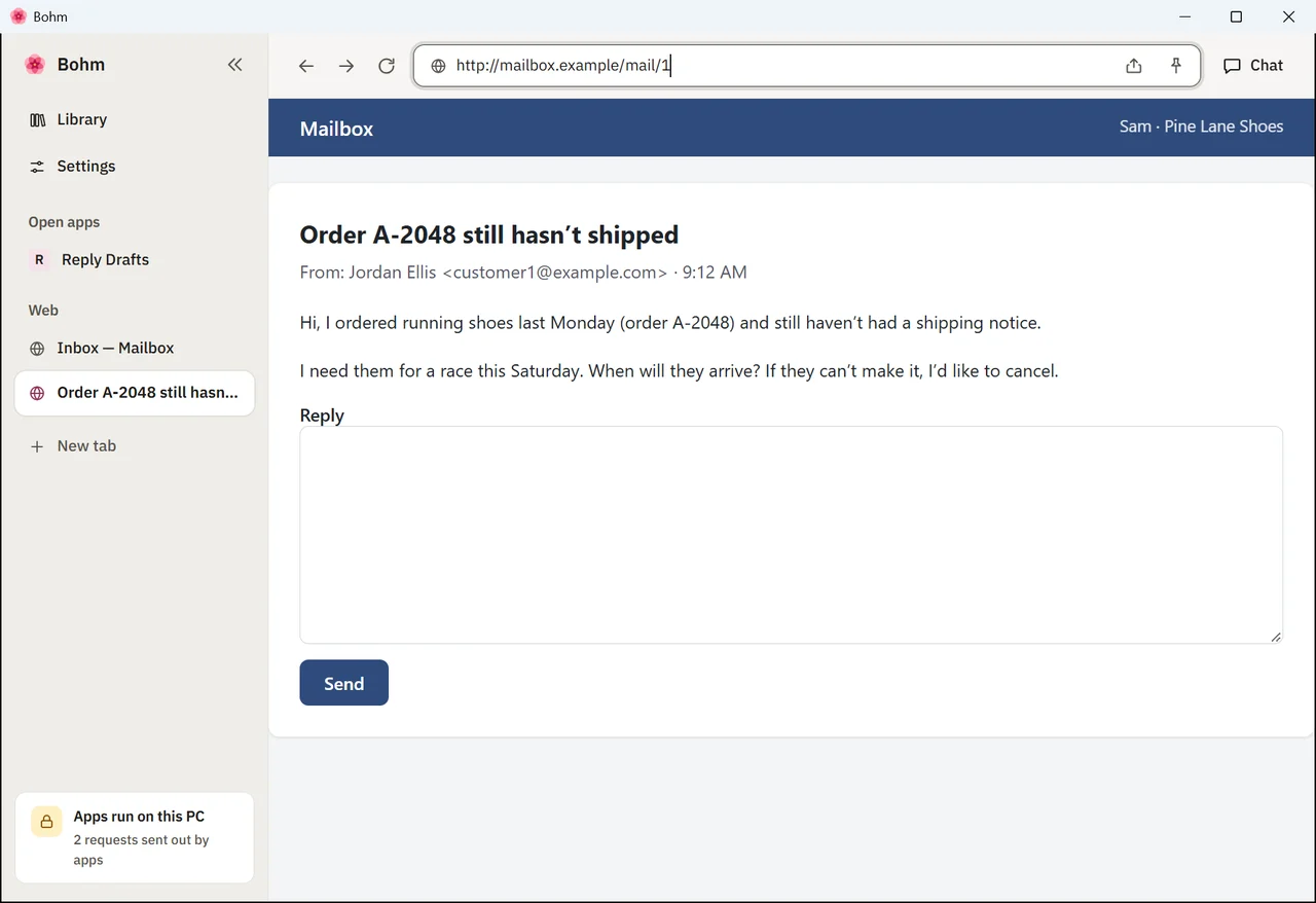A customer email about a late order open in a webmail tab