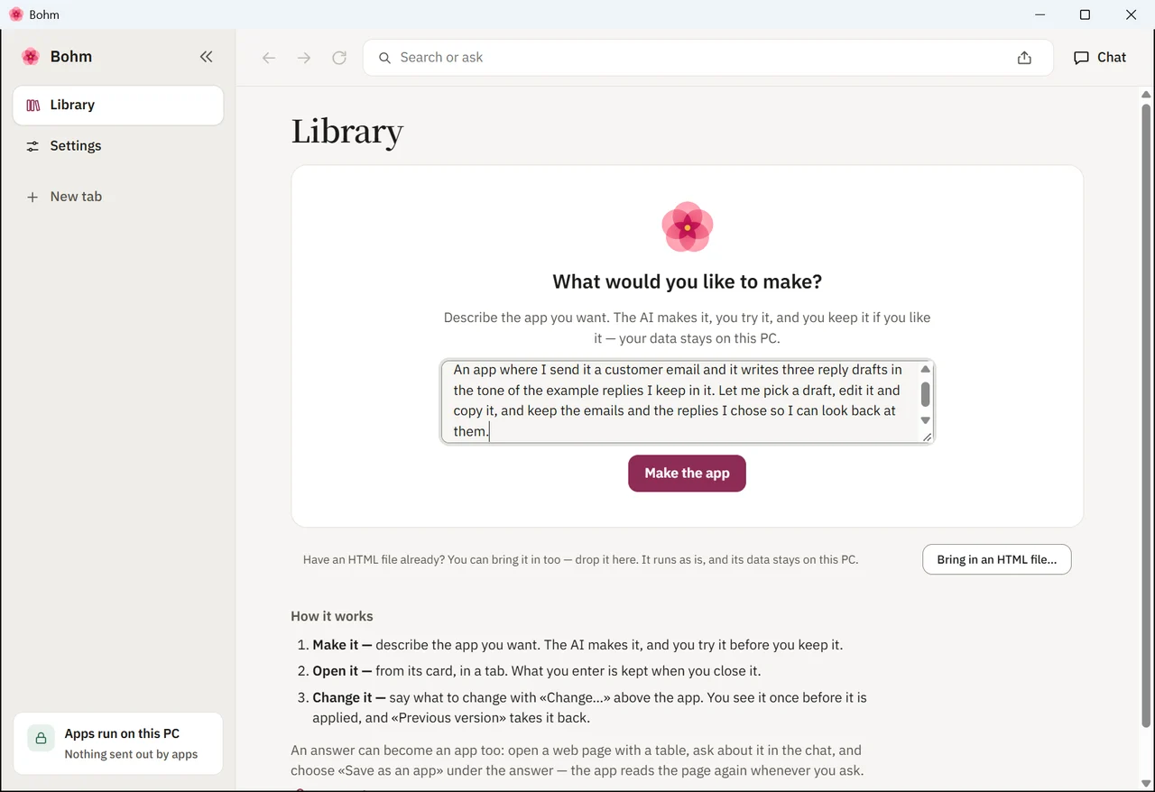 The request for a reply-draft app typed into Bohm’s “What should we make?”