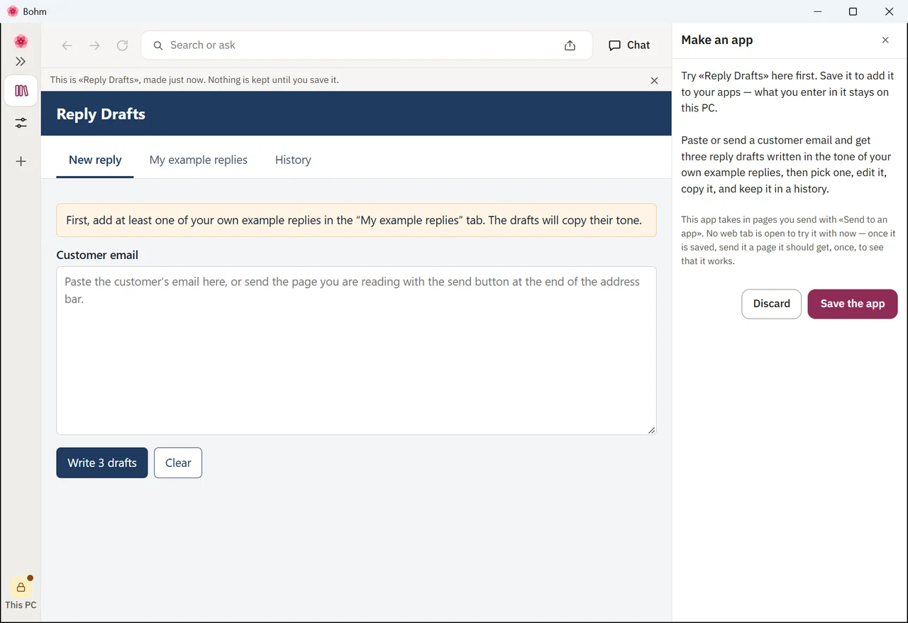 The new reply-draft app open for a try, with Discard and Save the app