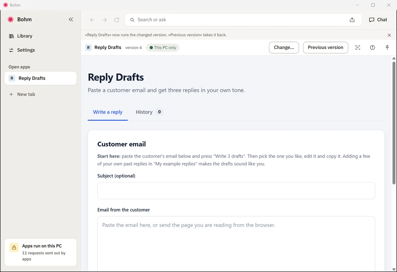 The reply-draft app after three rounds of polishing