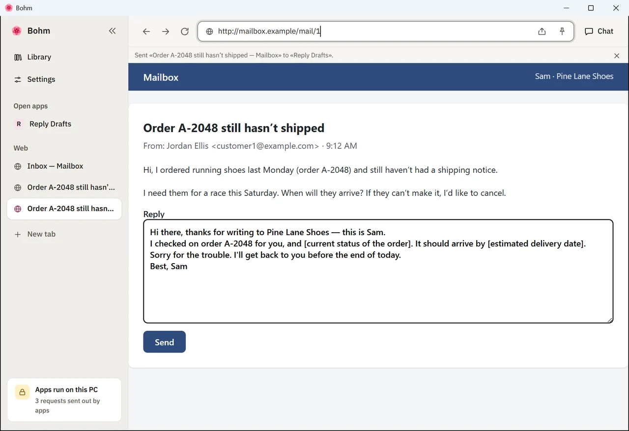 A chosen draft pasted into the webmail reply box