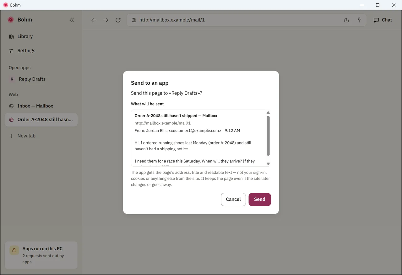 Bohm’s Send to an app dialog showing the email text that will be sent