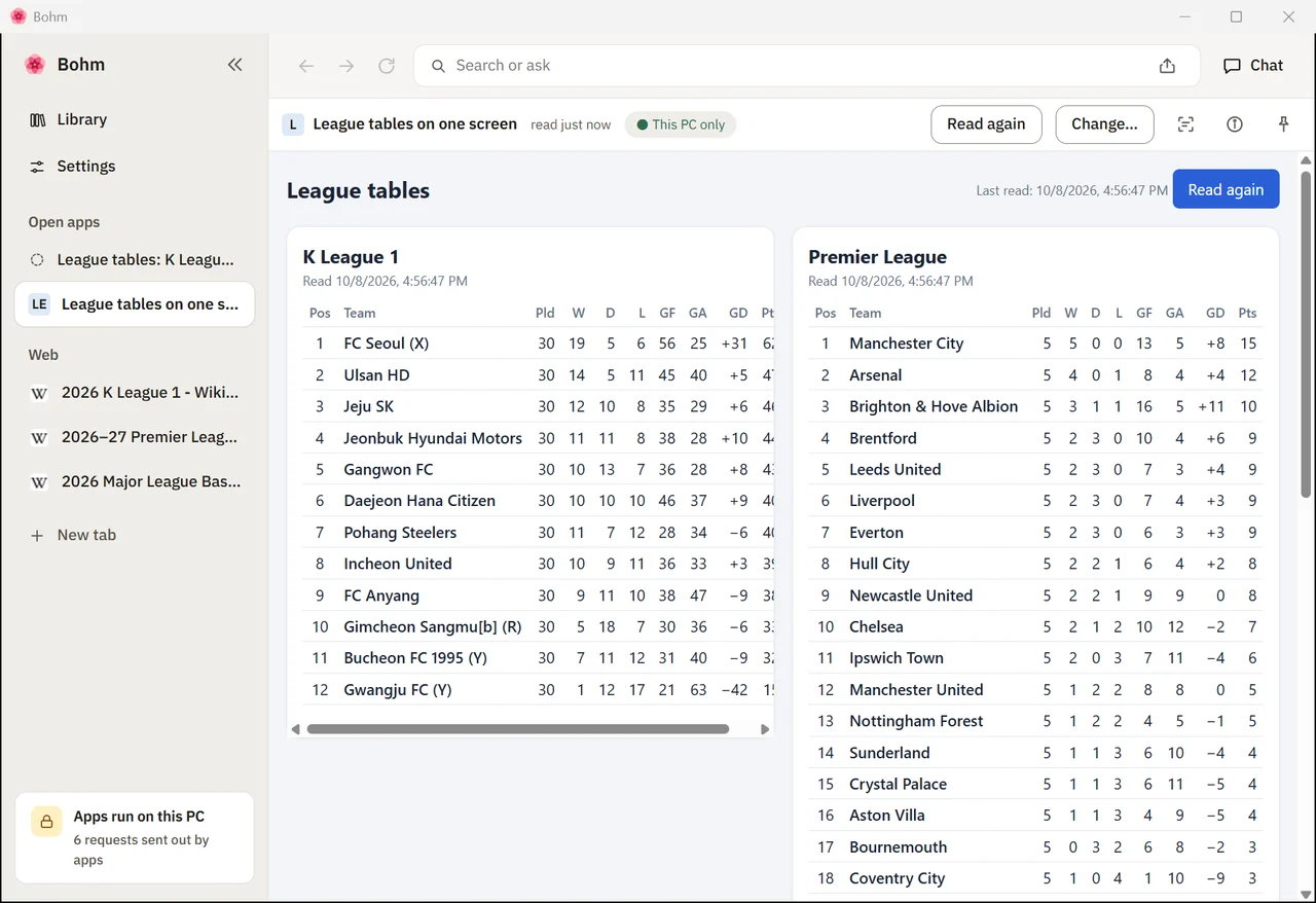 The saved app showing league tables read from three web pages, each with the time it was read