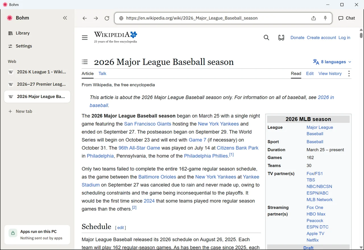 Bohm with three Wikipedia league pages open in web tabs