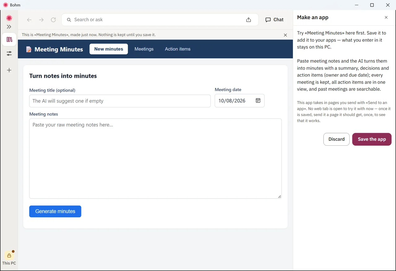 The new minutes app open for a try, with Discard and Save the app