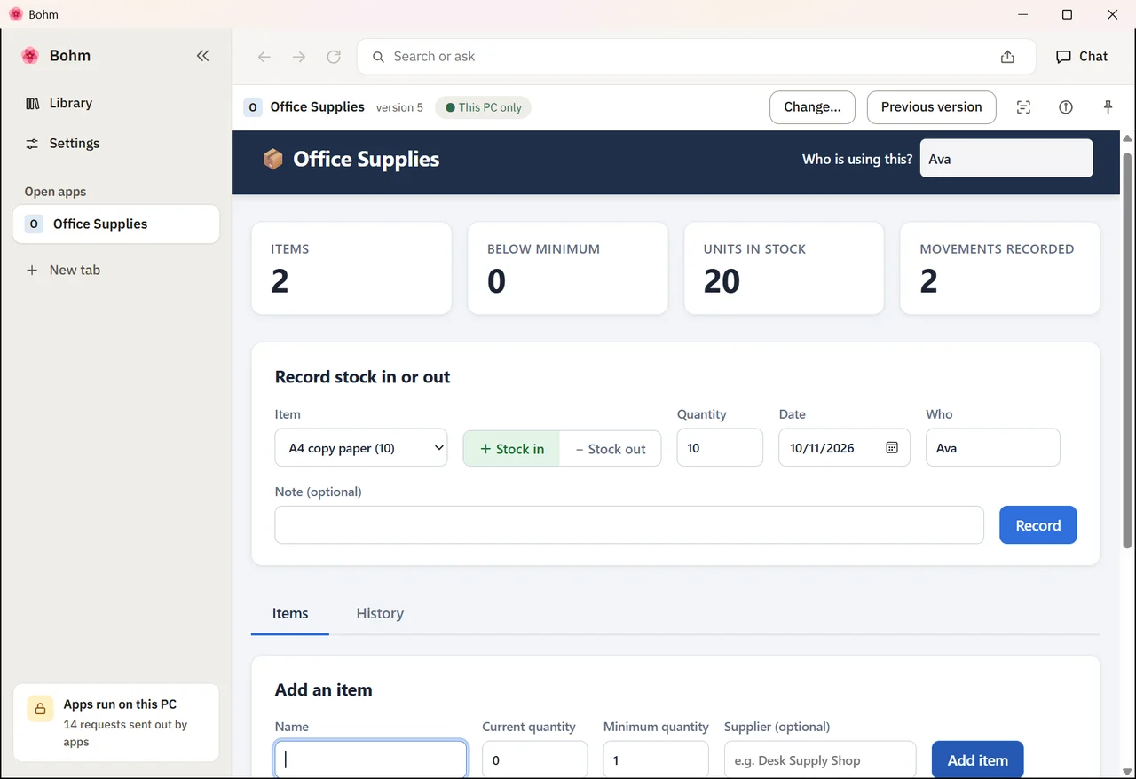 The new version with a supplier column and two items