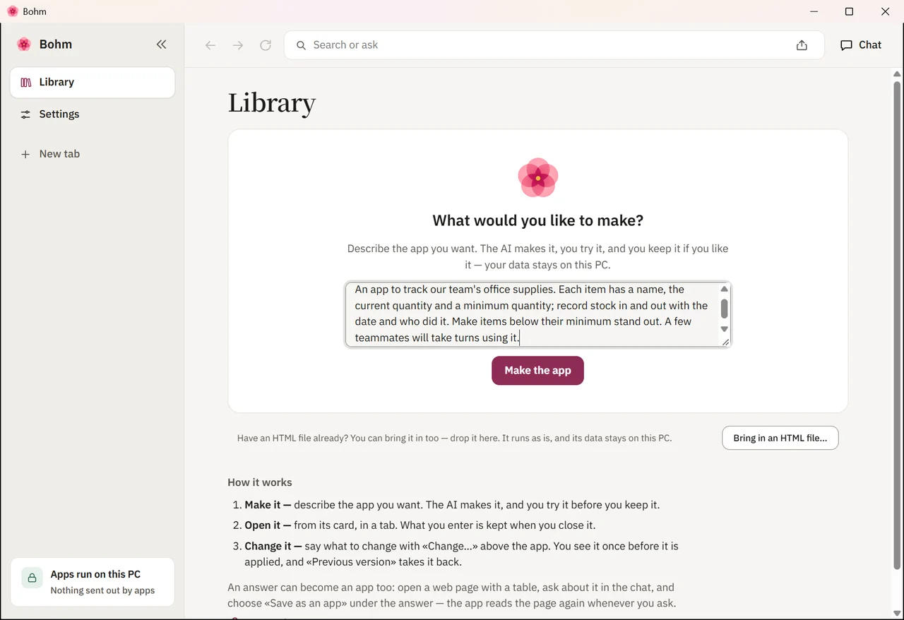 The request for an office supply app typed into Bohm