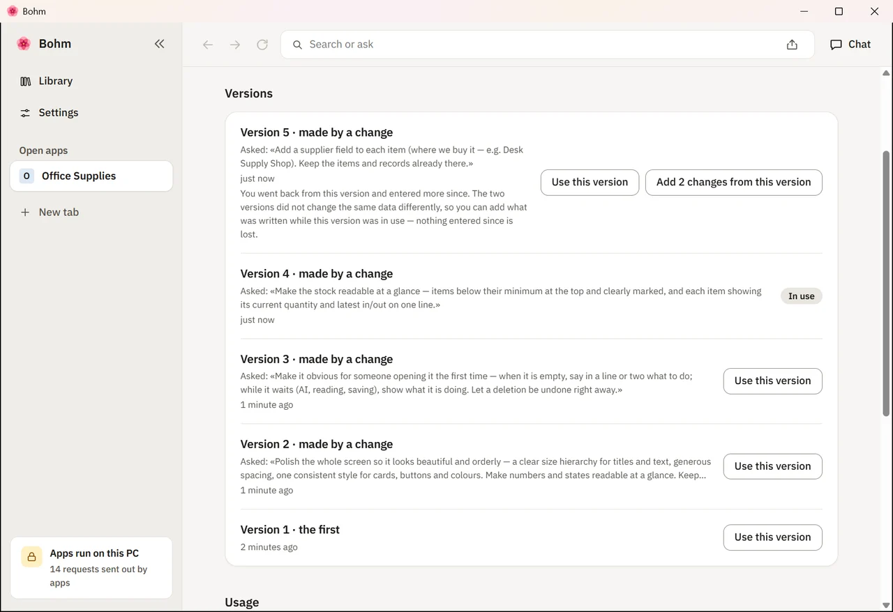 App info listing the versions, with Add 1 change from this version