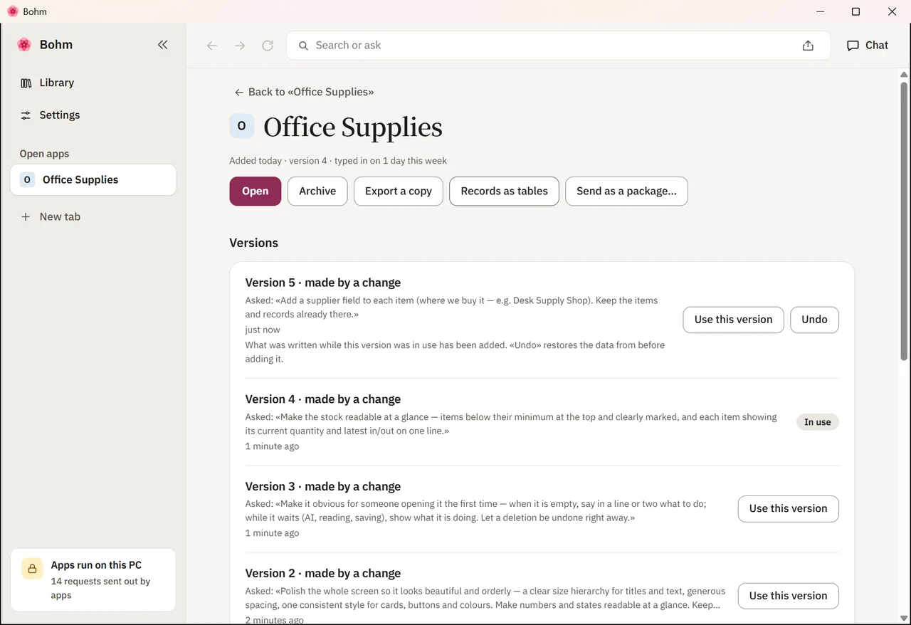 App info with Records as tables beside Open, Archive and Export a copy