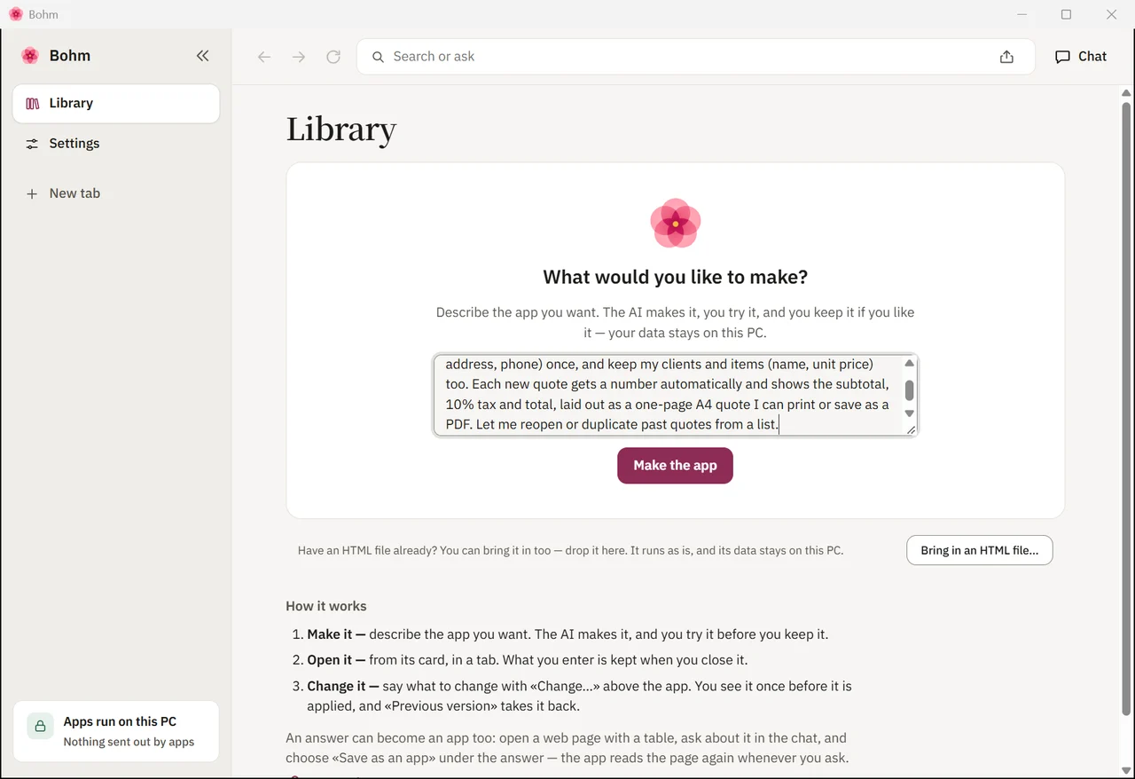 The request for a quote app typed into Bohm