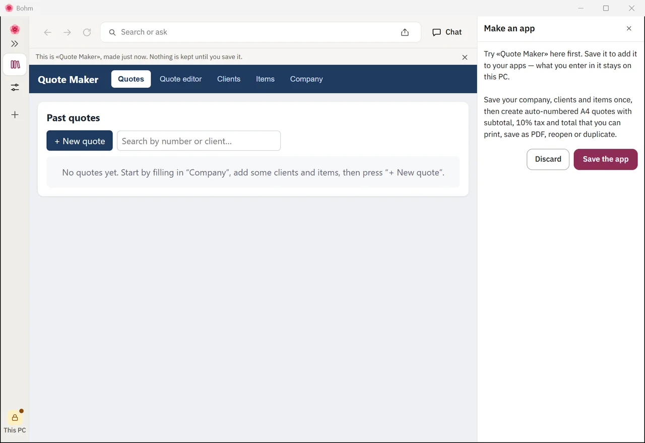 The new quote app open for a try, with Discard and Save the app