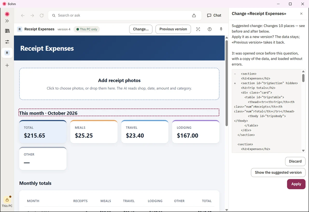 The expense list of the receipt app pointed at, and beside it the request for a trip field and the suggested change