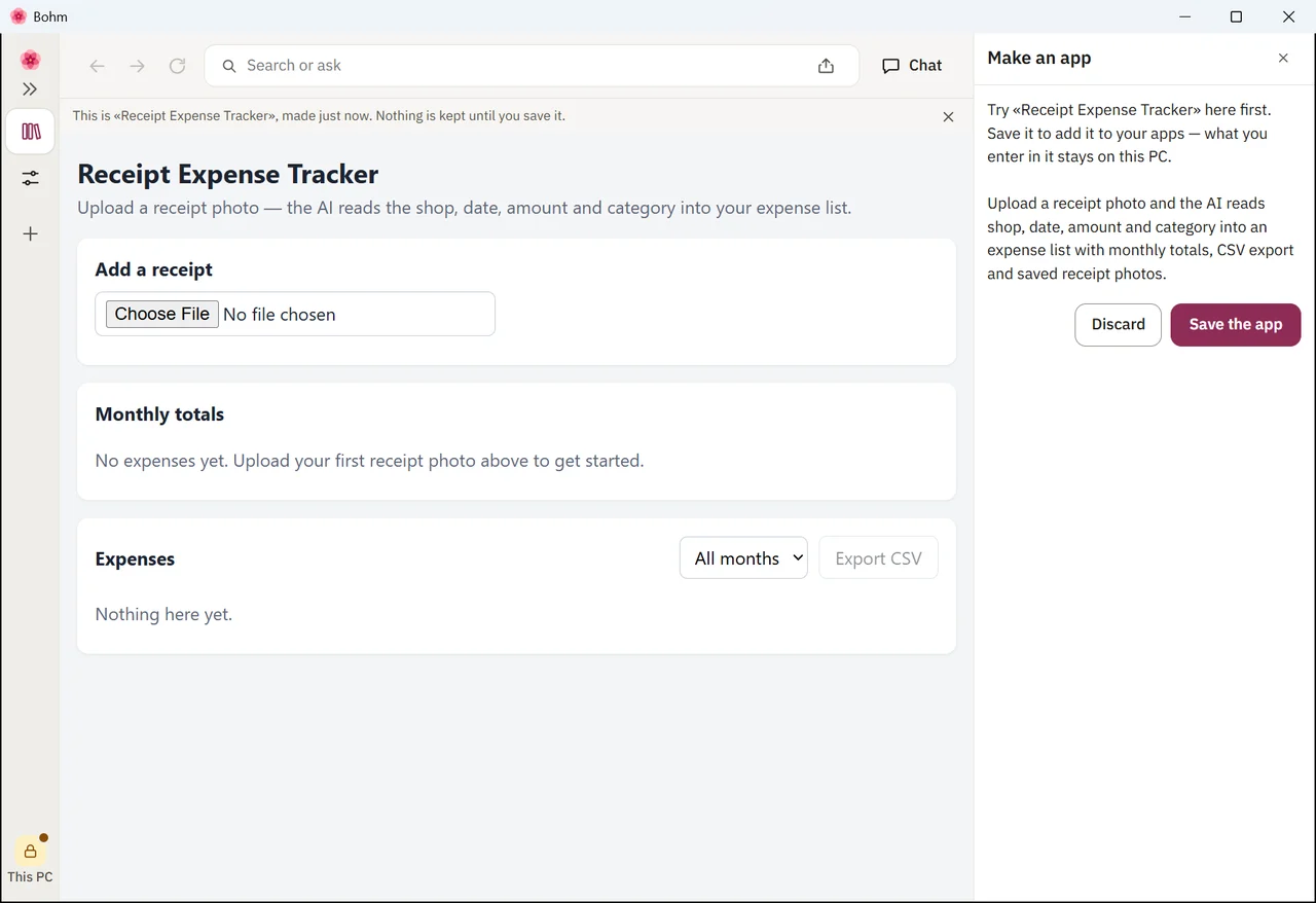The new Receipt Expense Tracker open for a try, with Discard and Save the app beside it