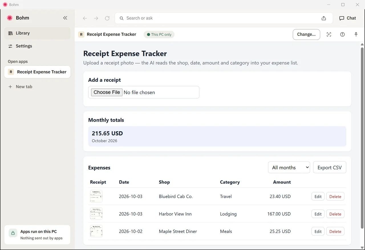 The app reopened after a restart with no AI connected, every expense still listed