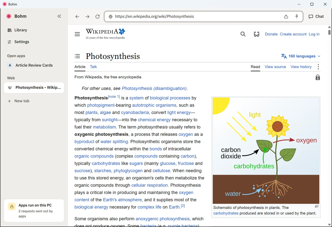 A Wikipedia article on photosynthesis open in a web tab
