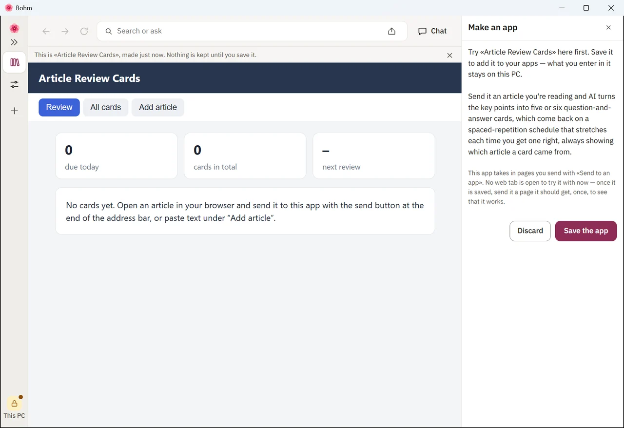 The new review-card app open for a try, with Discard and Save the app