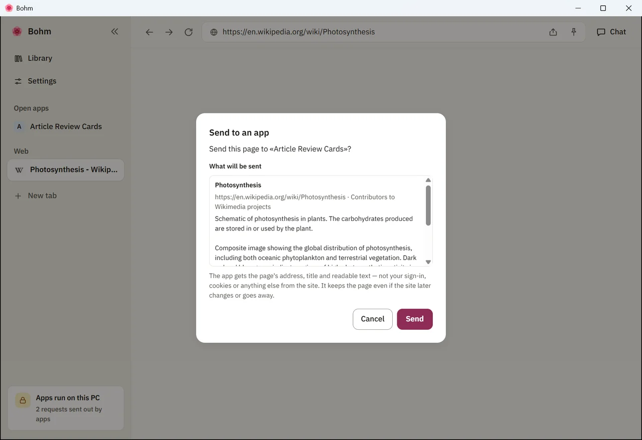 The Send to an app dialog with the article’s text