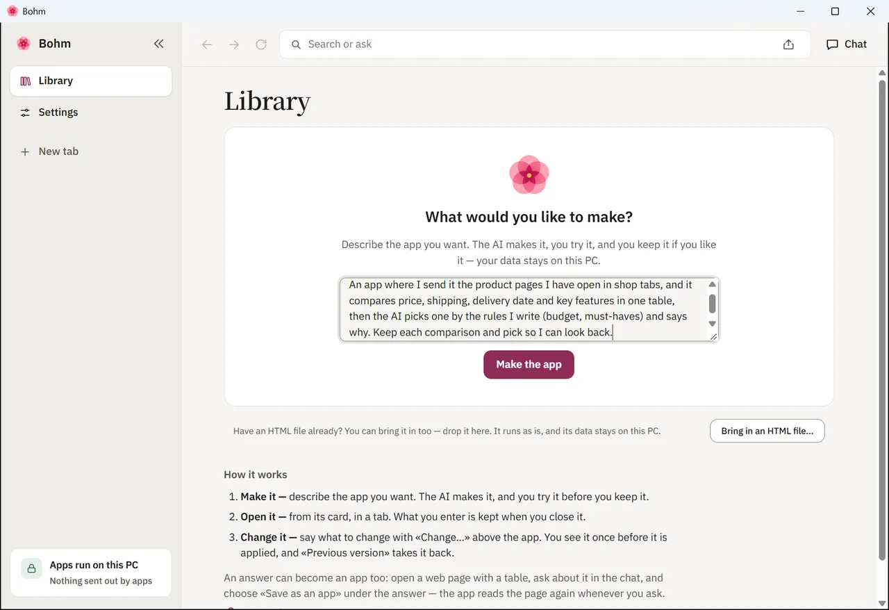 The request for a product comparison app typed into Bohm