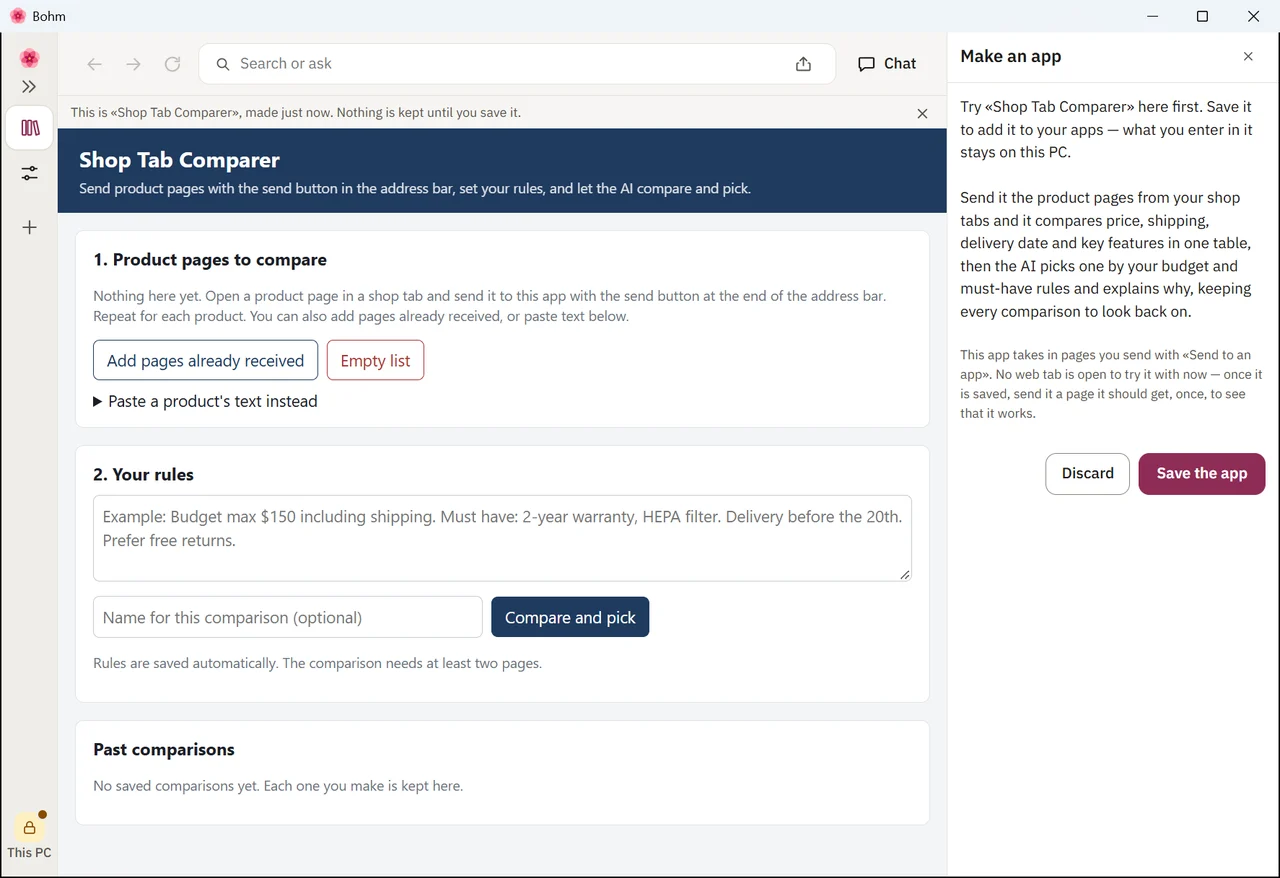 The new comparison app open for a try, with Discard and Save the app