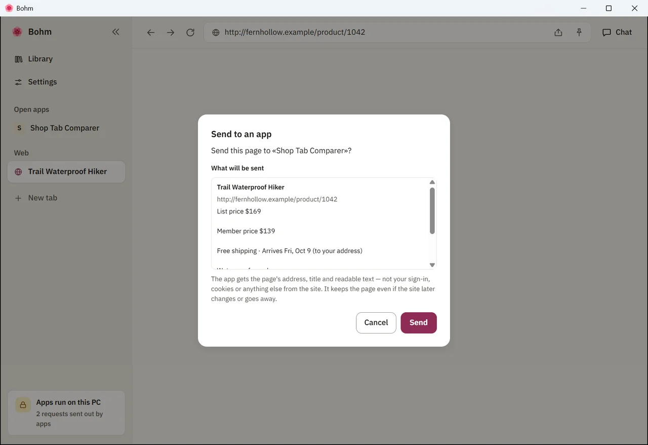 The Send to an app dialog with the product page’s text
