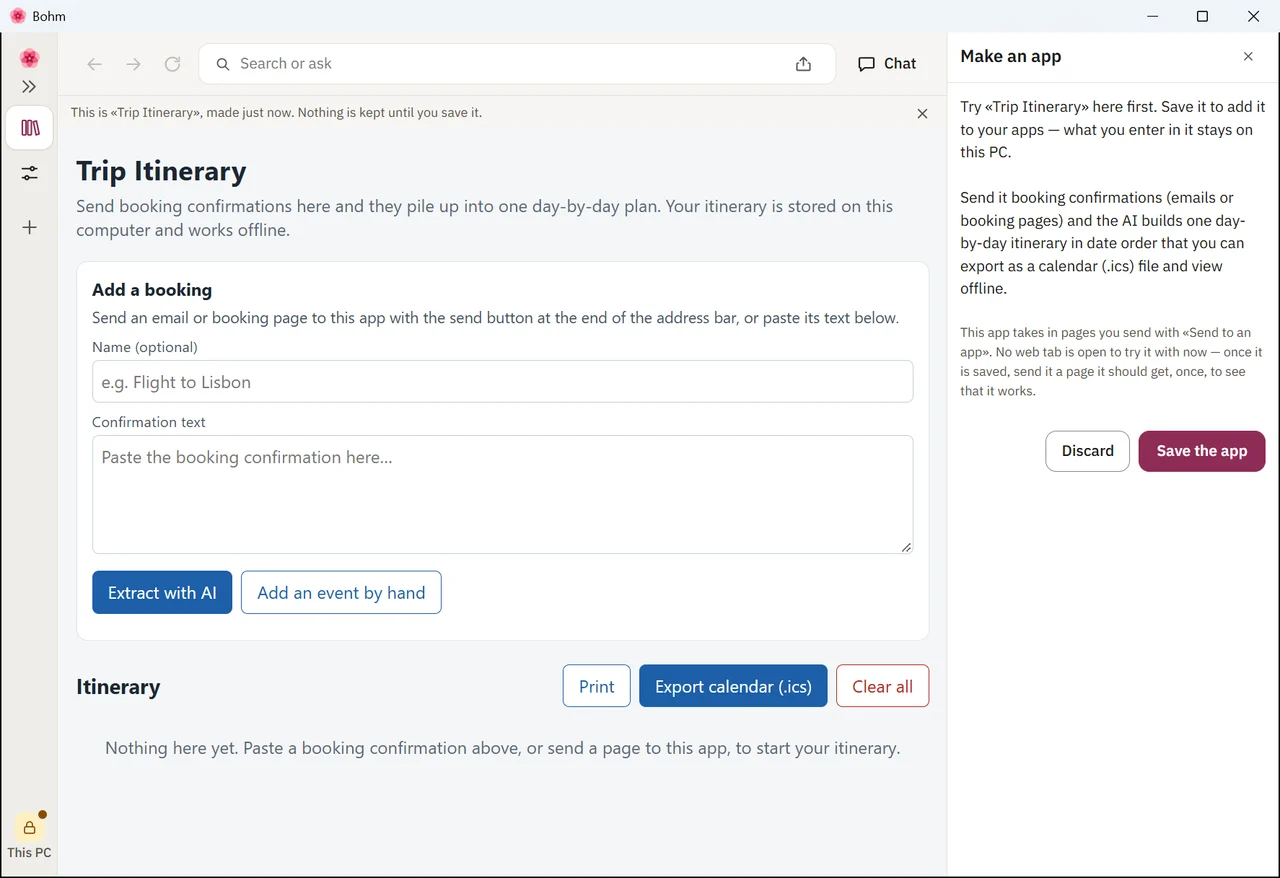 The new itinerary app open for a try, with Discard and Save the app