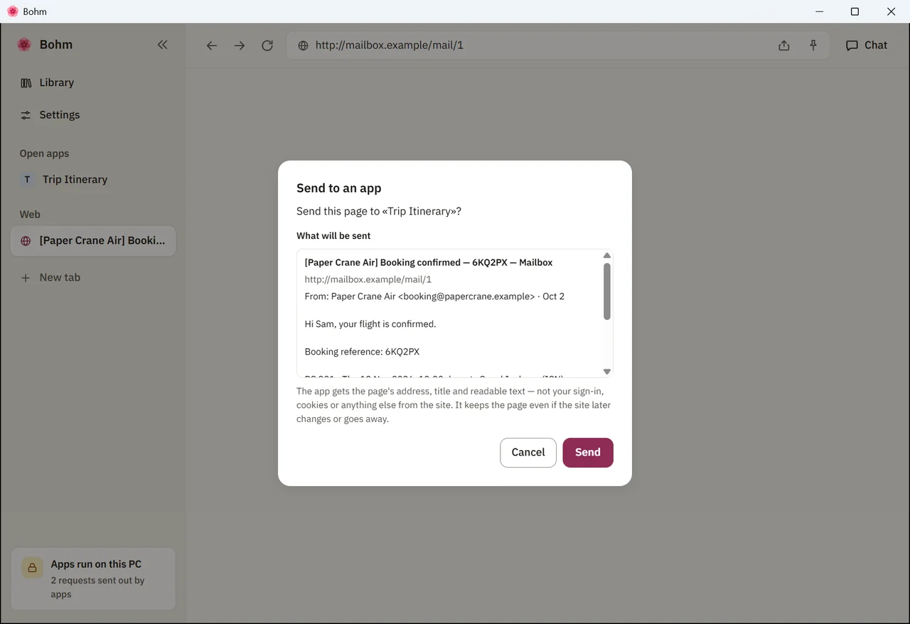 The Send to an app dialog with the flight email’s text