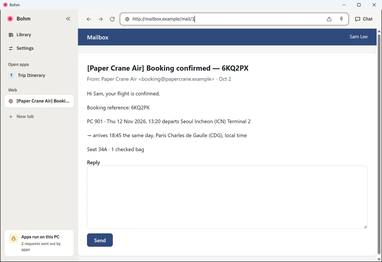 A flight confirmation email open in a webmail tab