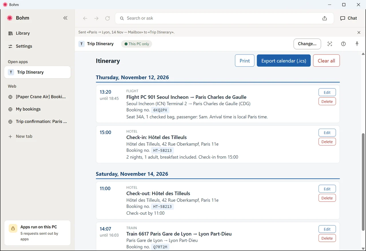 The full day-by-day itinerary with flight, hotel and train, and the calendar export
