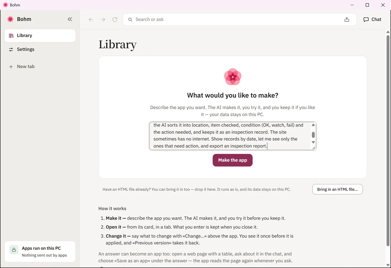 The request for a voice inspection app typed into Bohm