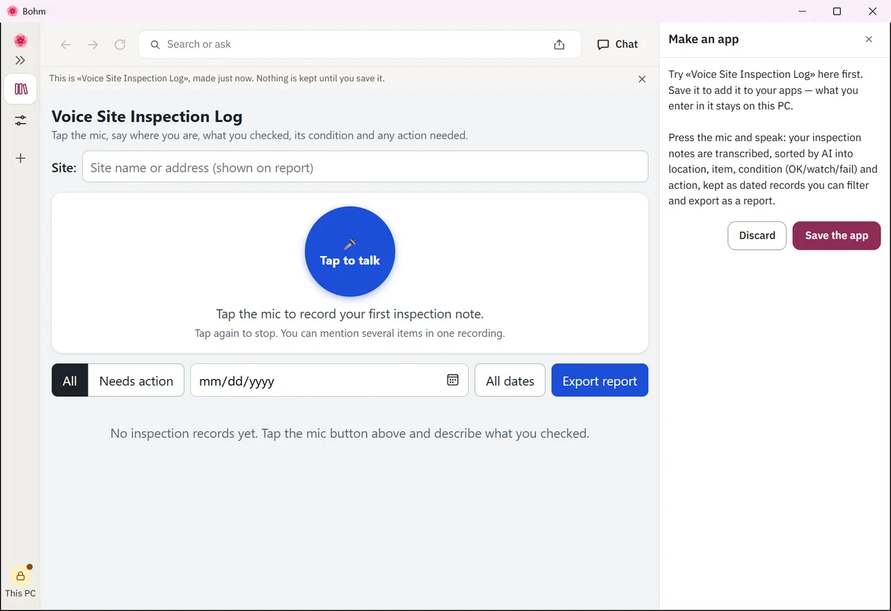 The new inspection app open for a try, with Discard and Save the app