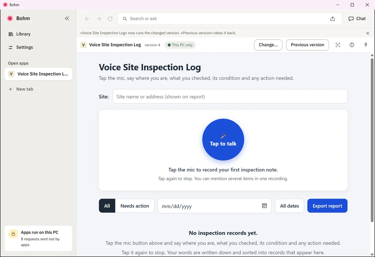 The app after three rounds of polishing: tabs, a large talk button and a first-use hint