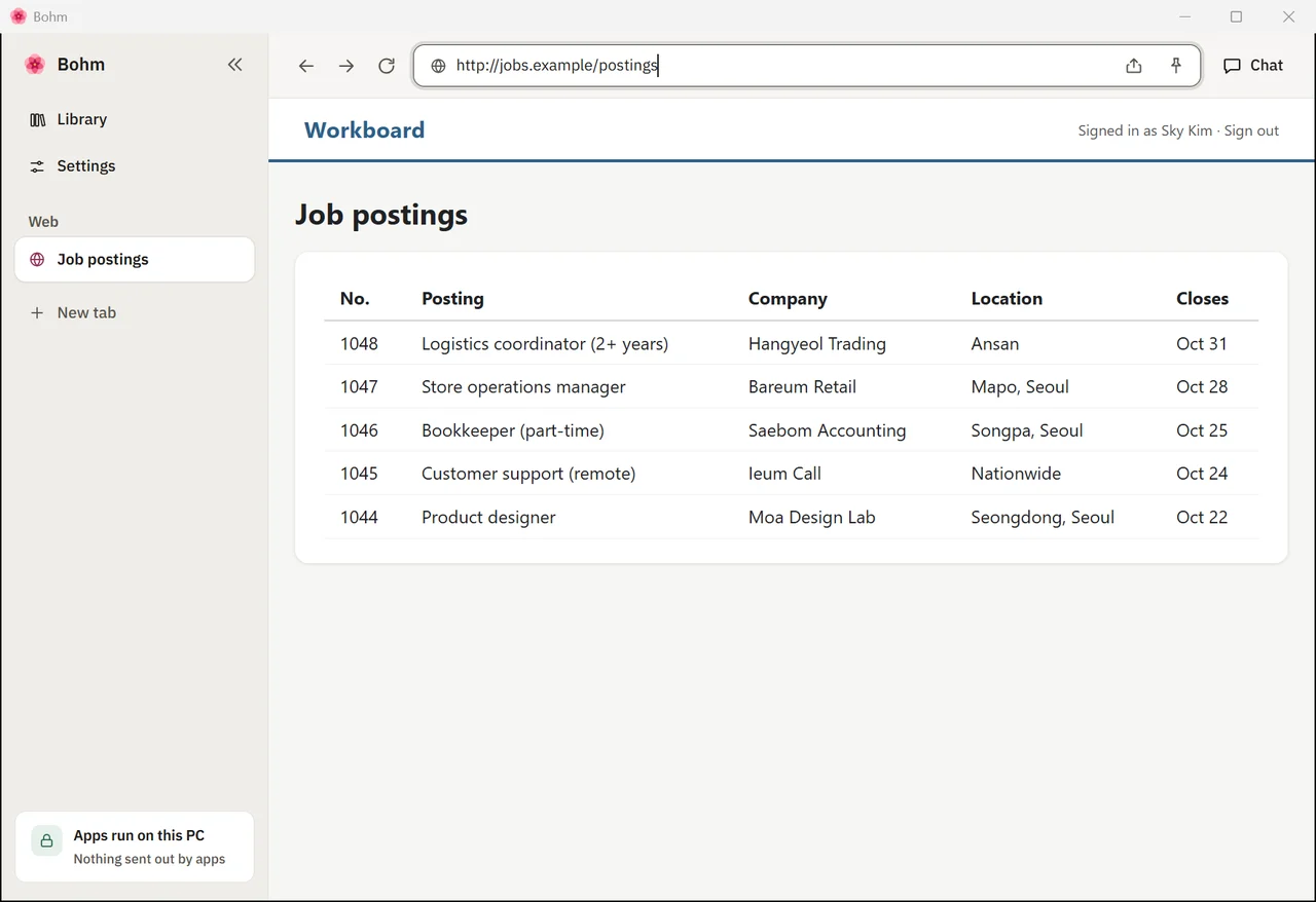 A job board open in a Bohm web tab, signed in, with five postings