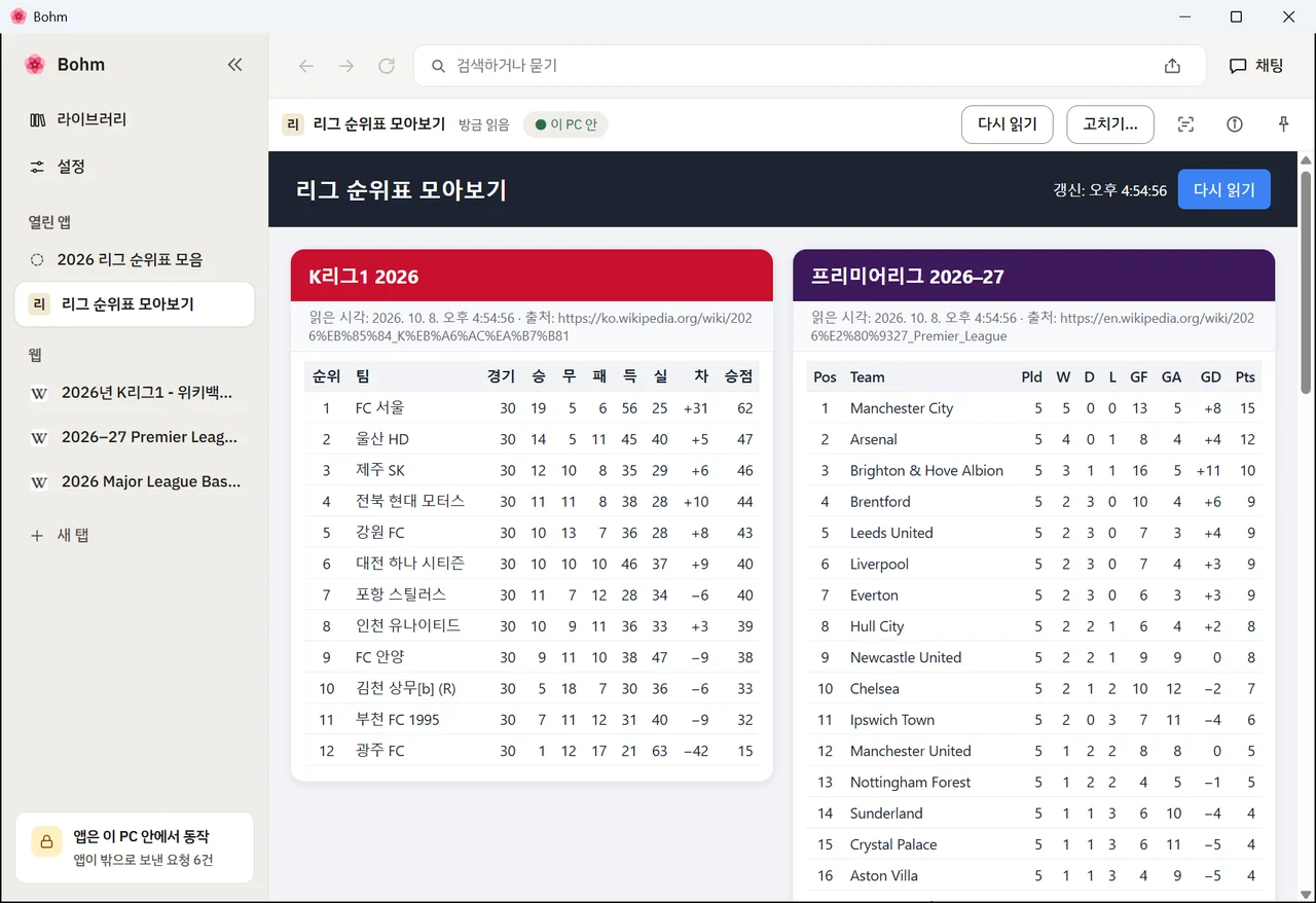 세 웹 페이지에서 읽은 리그 순위표를 카드로 보여 주는 저장된 앱 — 읽은 시각과 함께