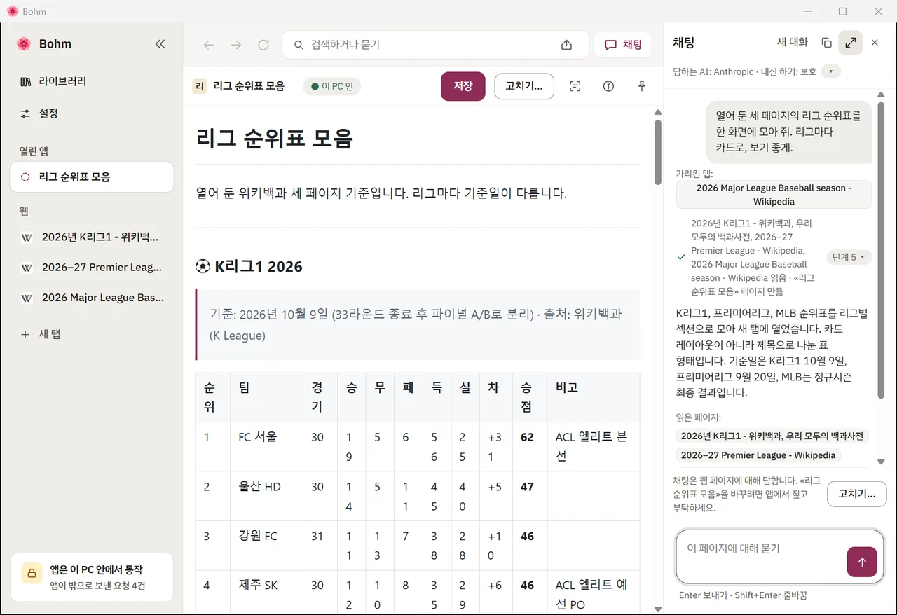 웹 페이지 옆의 Bohm 채팅 — 열린 탭 셋에서 읽어 답함