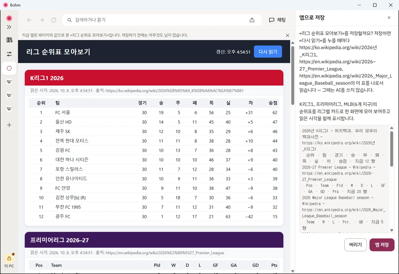 오늘 값으로 그린 앱과 그 옆의 읽을 페이지 · 열, «버리기»와 «앱 저장»